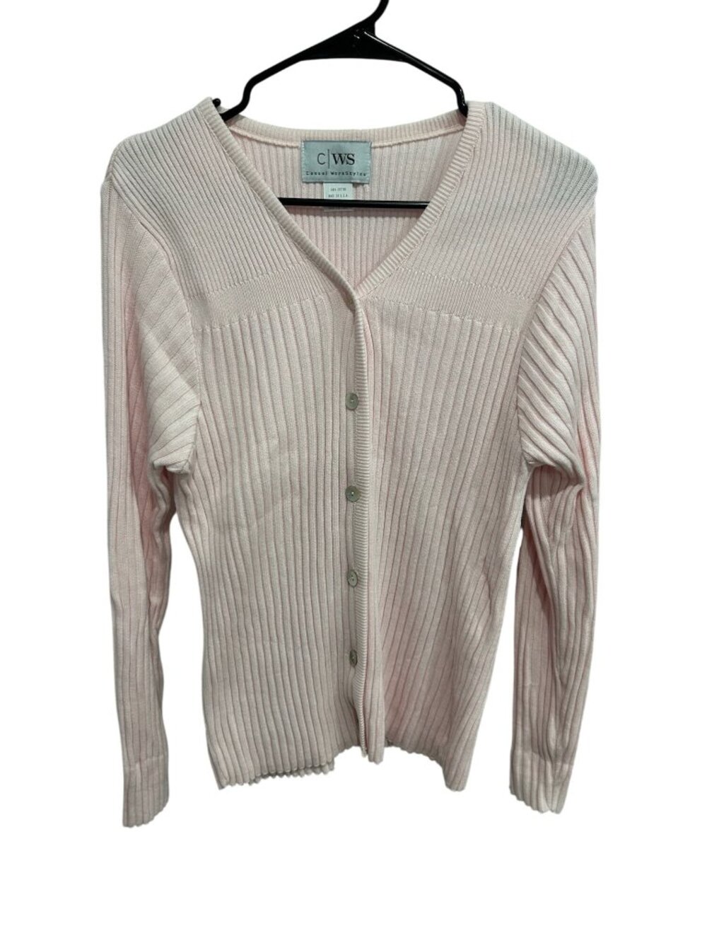 CWS Ribbed V-Neck Cardigan Sweater Pink Sz Large Cotton Cozy Knitwear Capsule